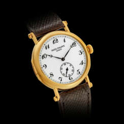 PATEK PHILIPPE. A RARE 18K GOLD LIMITED EDITION WRISTWATCH WITH BREGUET NUMERALS, MADE FOR THE 150TH ANNIVERSARY OF PATEK PHILIPPE