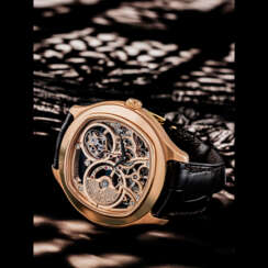 PIAGET. AN 18K PINK GOLD AUTOMATIC SKELETONISED TOURBILLON WRISTWATCH