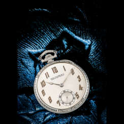 PATEK PHILIPPE. AN 18K WHITE GOLD OPEN FACE POCKET WATCH WITH “ART DECO” ENGRAVINGS