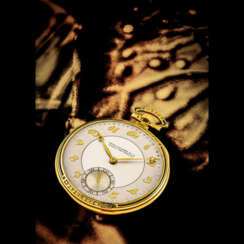 PATEK PHILIPPE. AN 18K GOLD POCKET WATCH WITH TWO TONE DIAL AND BREGUET NUMERALS