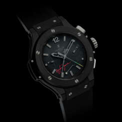HUBLOT. A RARE BLACK CERAMIC, KEVLAR AND RUBBER LIMITED EDITION AUTOMATIC SPLIT-SECONDS CHRONOGRAPH WRISTWATCH WITH POWER RESERVE INDICATION