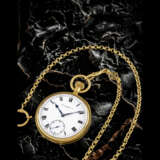 PATEK PHILIPPE. A RARE 18K GOLD POCKET WATCH WITH ENAMEL DIAL AND 18K GOLD CHAIN - Foto 1