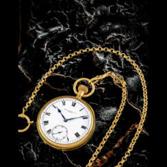 PATEK PHILIPPE. A RARE 18K GOLD POCKET WATCH WITH ENAMEL DIAL AND 18K GOLD CHAIN