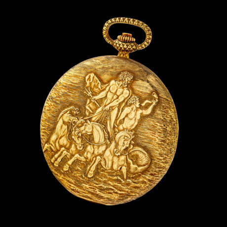 PATEK PHILIPPE. A UNIQUE AND EXCEPTIONAL 18K GOLD POCKET WATCH WITH DIPTYCH ENGRAVING DEPICTING ‘THE TRIUMPH OF NEPTUNE’, MATCHING GOLD AND MALACHITE STAND AND SPECIAL-MADE BOX - photo 4
