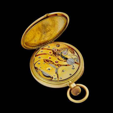 PATEK PHILIPPE. A RARE 18K GOLD POCKET WATCH WITH ENAMEL DIAL AND 18K GOLD CHAIN - Foto 4