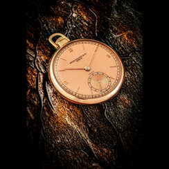 PATEK PHILIPPE. A BEAUTIFUL AND RARE 18K PINK GOLD POCKET WATCH WITH PINK DIAL