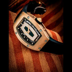 RICHARD MILLE. A LADY’S 18K PINK GOLD AND DIAMOND-SET AUTOMATIC SKELETONISED WRISTWATCH WITH ONYX DIAL