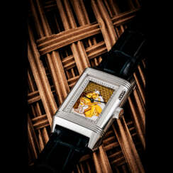 JAEGER-LECOULTRE. A MAGNIFICENT AND EXTREMELY RARE PLATINUM LIMITED EDITION REVERSIBLE WRISTWATCH WITH ENAMEL DIAL DEPICTING AN EROTIC SCENE