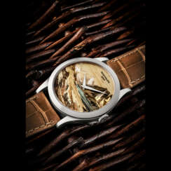 PATEK PHILIPPE. A RARE 18K WHITE GOLD AUTOMATIC WRISTWATCH WITH MARQUETRY DIAL FEATURING MOUNTAIN LANDSCAPE