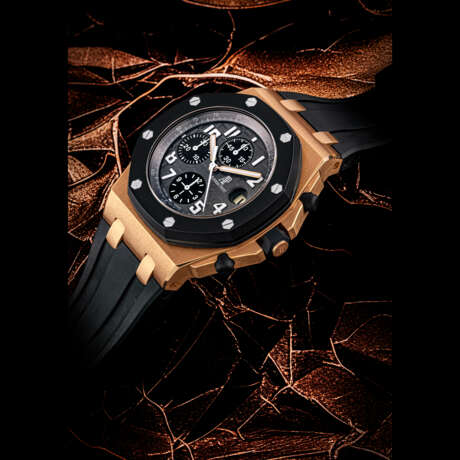 AUDEMARS PIGUET. AN 18K PINK GOLD AND CERAMIC AUTOMATIC CHRONOGRAPH WRISTWATCH WITH DATE - фото 1