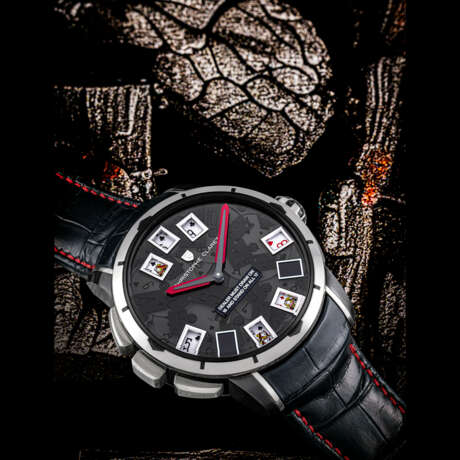 CHRISTOPHE CLARET. A VERY RARE AND PLAYFUL BLACK PVD-COATED TITANIUM AND 18K WHITE GOLD LIMITED EDITION AUTOMATIC SEMISKELETONISED WRISTWATCH WITH CATHEDRAL GONG AND THREE CASINO GAMES - Foto 1