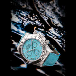 ROLEX. AN ATTRACTIVE 18K WHITE GOLD AUTOMATIC CHRONOGRAPH WRISTWATCH WITH TURQUOISE CHRYSOPRASE DIAL
