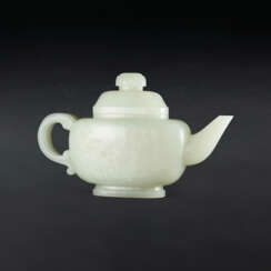 A CARVED AND INSCRIBED WHITE JADE ‘CHRYSANTHEMUM’ TEAPOT AND COVER