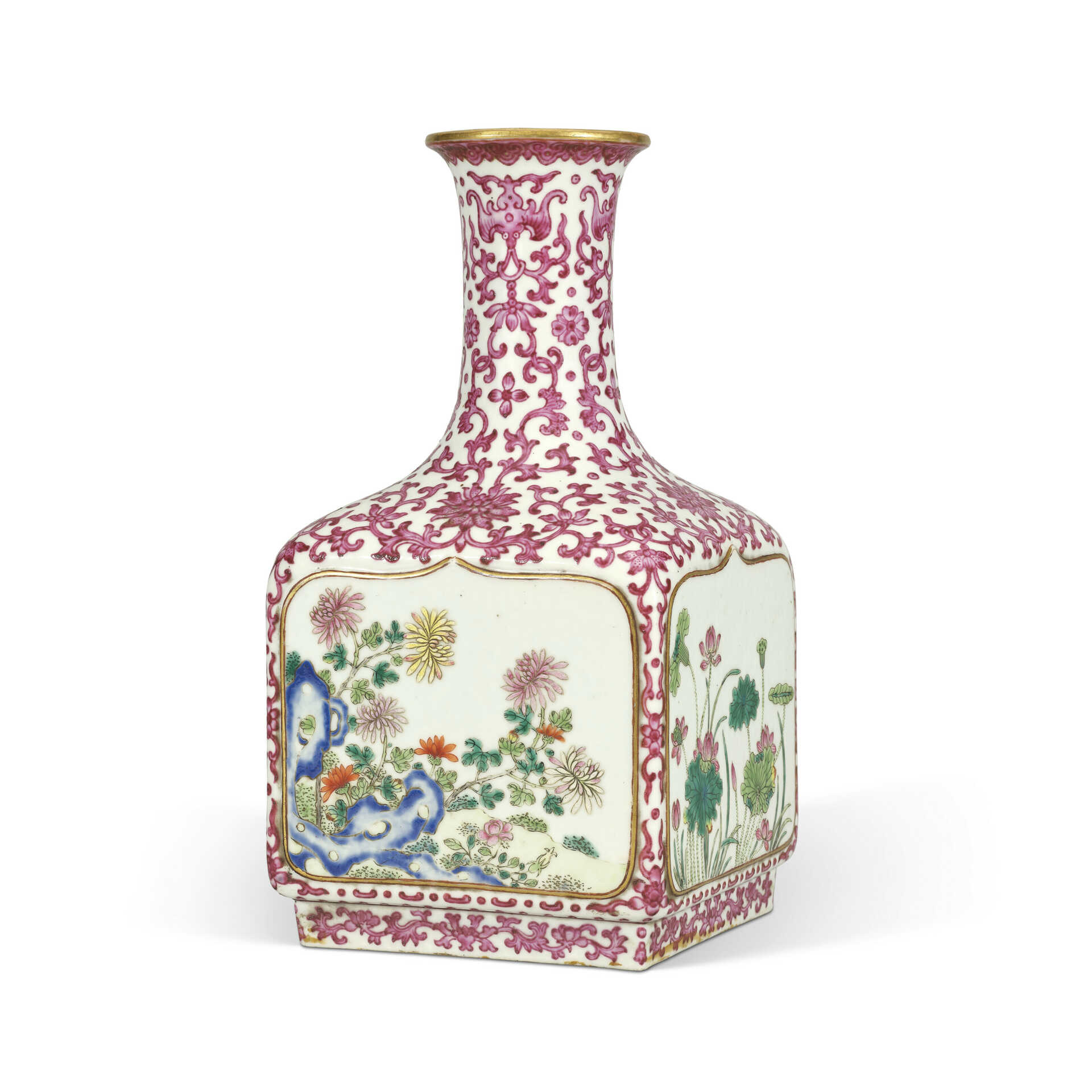A VERY RARE FAMILLE ROSE ‘FLOWERS OF THE FOUR SEASONS’ RUBY-ENAMEL-DECORATED SQUARE VASE