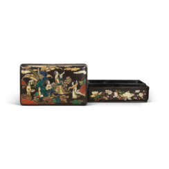 A HARDSTONE AND MOTHER-OF-PEARL EMBELLISHED LACQUERED WOOD RECTANGULAR BOX AND COVER