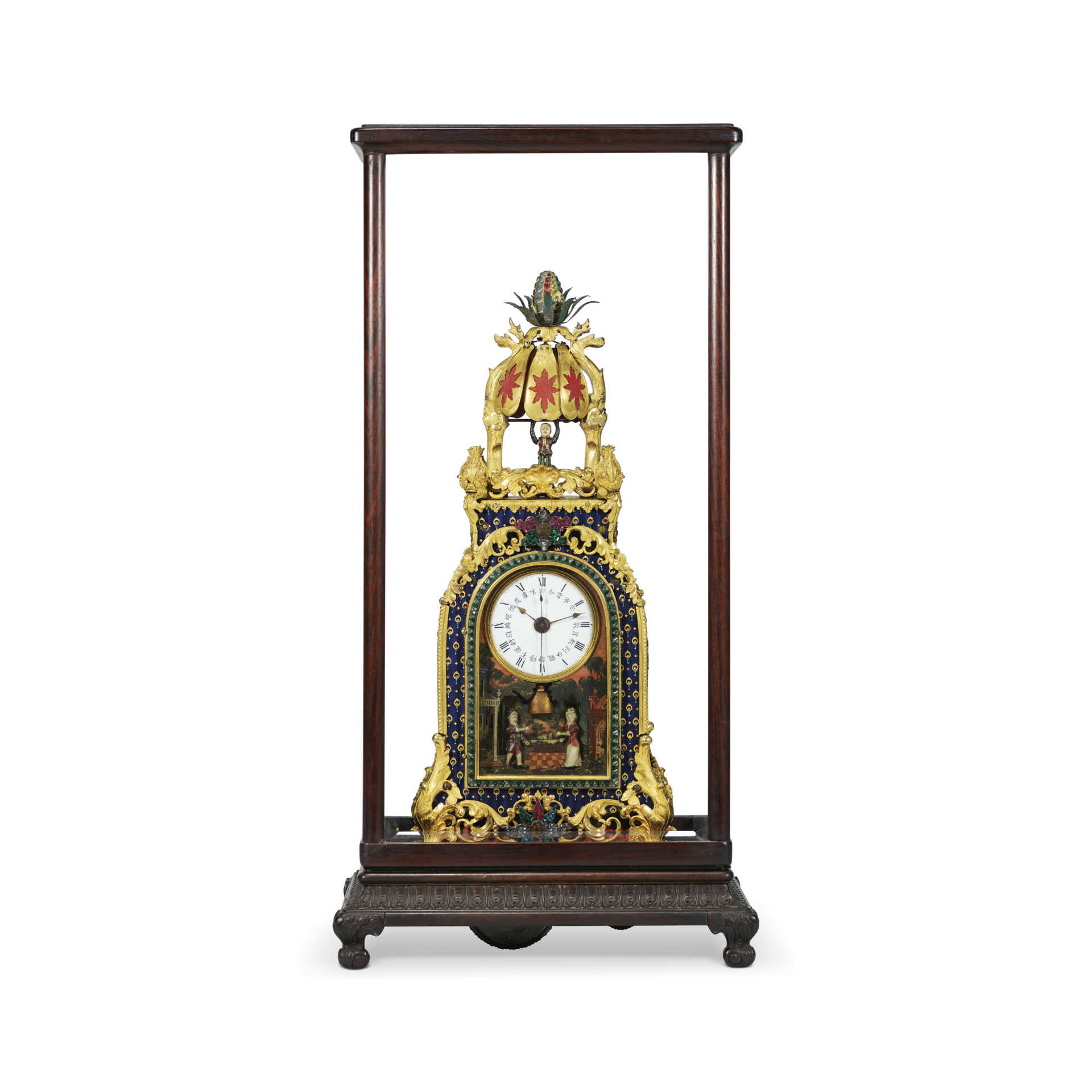 AN IMPERIAL INSCRIBED GILT-BRONZE ENAMEL, PASTE-INSET, QUARTER-STRIKING, MUSICAL AND AUTOMATON ‘ACROBAT’ CLOCK