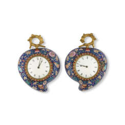 A PAIR OF GILT-METAL PAINTED ENAMEL AND PASTE-INLAID PEACH-FORM WALL CLOCKS