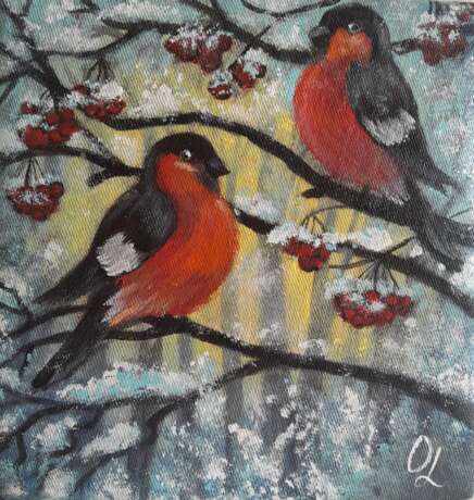 Снегири в морозный день. Leinwand auf Karton Acrylfarbe Иллюстрация птиц Ukraine 2024 - Foto 1