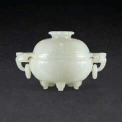 A CARVED WHITE JADE CENSER AND COVER