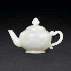 A CARVED WHITE JADE ‘PRUNUS AND BAMBOO’ TEA POT AND COVER