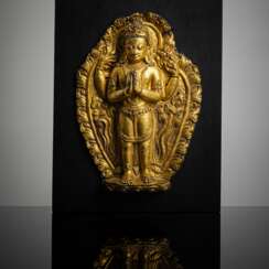 Feuervergoldete Kupfer-Repoussé-Plakette des Shadaksharilokeshvara