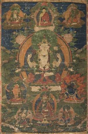 Thangka mit Darstellung von Shadakshari in Seidenbrokat-Montierung - фото 1