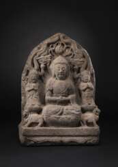 Große und seltene Stele des Buddha Shakyamuni aus Sandstein