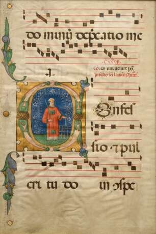 Spätmittelalterliches Psalter Blatt mit figürlich illuminierter Majuskel "Heiliger Laurentius", Gouache und Blattgold auf Pergament, 57,5x38,5cm (m.R. 64,5x45,5cm), Altersspuren - Foto 1