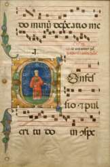 Spätmittelalterliches Psalter Blatt mit figürlich illuminierter Majuskel &quot;Heiliger Laurentius&quot;, Gouache und Blattgold auf Pergament, 57,5x38,5cm (m.R. 64,5x45,5cm), Altersspuren