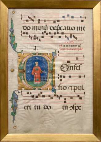 Spätmittelalterliches Psalter Blatt mit figürlich illuminierter Majuskel "Heiliger Laurentius", Gouache und Blattgold auf Pergament, 57,5x38,5cm (m.R. 64,5x45,5cm), Altersspuren - Foto 2
