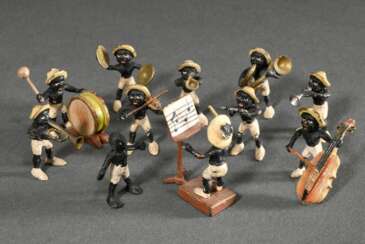 13 Diverse Teile Wiener Bronze Figuren &quot;Jazz Kapelle&quot;, &quot;Fasan&quot; und &quot;Springender Hund&quot;, Bronze farbig gefasst, um 1900, H. 1-2,9cm, partielle Farbverluste