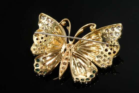 Dekorative Gelbgold 750 "Schmetterling" Nadel mit Brillanten (zus. ca. 3.30ct/VSI/TW), Smaragden (zus. ca. 0.45ct) und Rubinen (zus. ca. 1.40ct), 29g, 5,2x4,1cm - фото 4