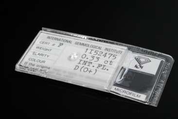 Ungefasster Brillant (ca. 0.33ct/IF/River), 0,066g, 4,28x4,37x2,74mm, IGI Antwerpen Zertifikat mit Mikrofilmkarte, eingeschweißt (Hülle beschädigt)