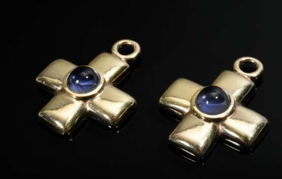 Paar vergoldete Silber 925 Kreuz Einhänger mit blauvioletten Farbstein Cabochons, MZ: CHERUBIN von Spreckelsen/ Hamburg, 19,1g, Ø 2,5cm - Foto 1