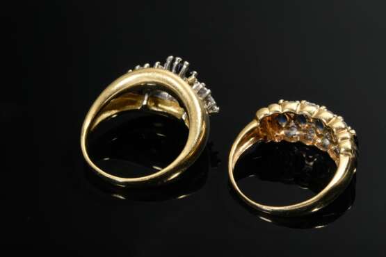2 Diverse Gelbgold Ringe: 1 mit Saphir und Brillanten (zus. ca. 0.42ct/VS-SI/W,7,3g, Gr. 51) und 1 mit Navette Saphiren und kleinen Brillanten (zus. ca. 0.16ct/VSI/W, Gr.51), zus. 10,4g, Saphire beschädigt, je 2 Steine f… - фото 3