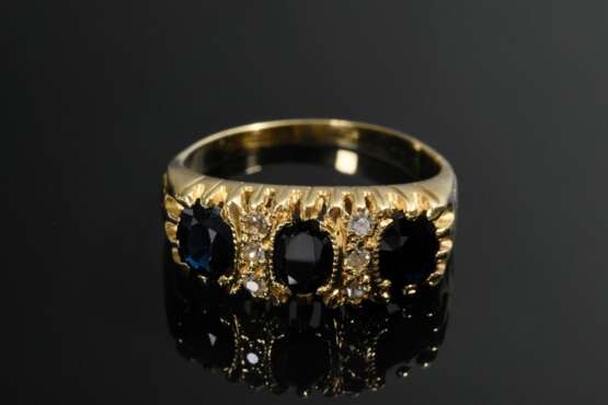 Schmaler Gelbgold 585 Ring mit Saphiren und Achtkant Diamanten (zus. ca. 0.10ct/SI/W-TCR), 4,6g, Gr. 53, Tragespuren - фото 4