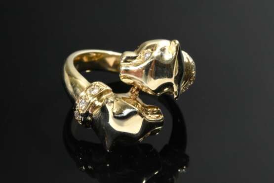 Gelbgold 585 Ring aus 2 einander anschauenden Pantherköpfen mit Brillantaugen und -halsbändern (zus. 0.20ct/VVSI/TW), 8,2g, Gr. 52 - Foto 3