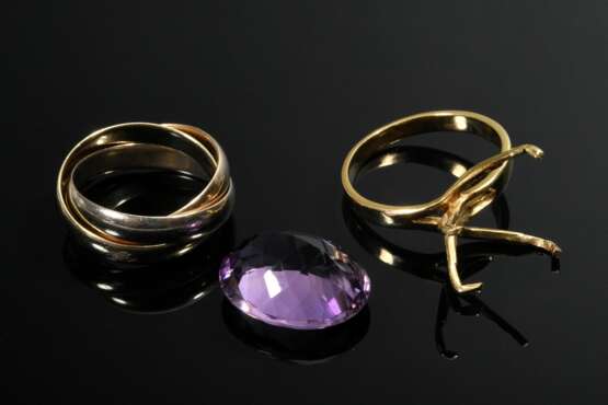 2 Diverse Ringe: Gelbgold 750 Ring mit losem Amethyst (ca. 12ct, 3,5g, Gr. 57) und beweglicher Tricolor Gold 333 Trinity Ring (5g, Gr. 52) - Foto 4