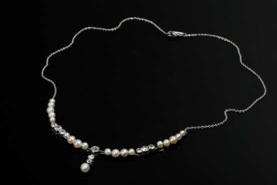 Zartes Art Deco Platin Collier mit Naturperlen und Diamanten im Altschliff (zus. ca. 1.00ct/SI-P2/TCR), 7g, L. 40,8cm - Foto 2