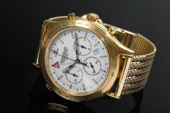 Gelbgold 750 Jaeger LeCoultre Heraion Chronographe Reveil Armbanduhr mit angesetztem Gelbgold 585 Armband, Quartzwerk, Stunden-, Minuten-, Sekunden-, Datum- , Alarm-, Wecker- und Stoppfunktionen, 87,2g, Ø 3,6cm, L. 16,5c… - photo 1