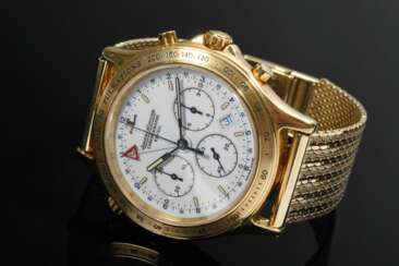 Gelbgold 750 Jaeger LeCoultre Heraion Chronographe Reveil Armbanduhr mit angesetztem Gelbgold 585 Armband, Quartzwerk, Stunden-, Minuten-, Sekunden-, Datum- , Alarm-, Wecker- und Stoppfunktionen, 87,2g, Ø 3,6cm, L. 16,5c…