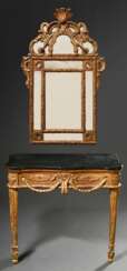 Zweiteilige opulente Louis XVI Konsole mit schwarzer Marmorplatte und passendem Spiegel, um 1760/1770, Holz geschnitzt und vergoldet, Konsole 80x86,5x45cm, Spiegel 100x62cm, Alterspuren, Fassung bestoßen