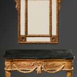 Zweiteilige opulente Louis XVI Konsole mit schwarzer Marmorplatte und passendem Spiegel, um 1760/1770, Holz geschnitzt und vergoldet, Konsole 80x86,5x45cm, Spiegel 100x62cm, Alterspuren, Fassung bestoßen - photo 1