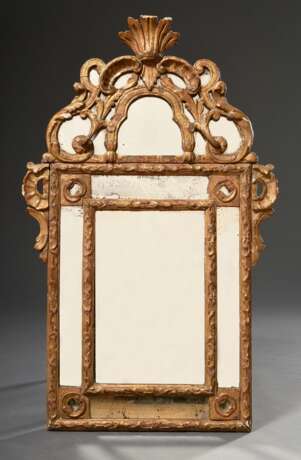 Zweiteilige opulente Louis XVI Konsole mit schwarzer Marmorplatte und passendem Spiegel, um 1760/1770, Holz geschnitzt und vergoldet, Konsole 80x86,5x45cm, Spiegel 100x62cm, Alterspuren, Fassung bestoßen - photo 3