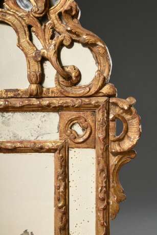 Zweiteilige opulente Louis XVI Konsole mit schwarzer Marmorplatte und passendem Spiegel, um 1760/1770, Holz geschnitzt und vergoldet, Konsole 80x86,5x45cm, Spiegel 100x62cm, Alterspuren, Fassung bestoßen - photo 12