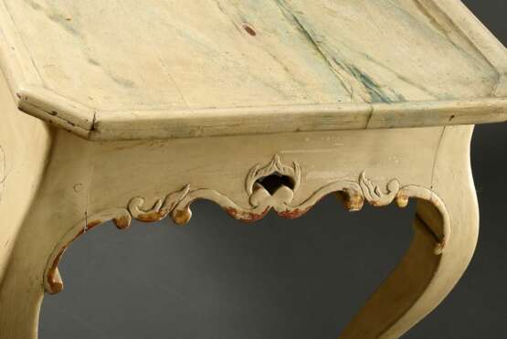 Barocker Teetisch mit oktogonaler Platte und geschnitzter Zarge aus C- und S-Schwüngen auf geschweiften Beinen, hell gefasst mit Resten von Vergoldung, um 1800, 72x75,5x56cm - фото 3
