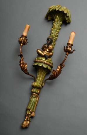 Dekorative Wandapplike "Flötenspieler unter Palme" im Colonial Stil, Holz und Metall farbig gefasst, 2flammig elektrifiziert, Anfang 20.Jh., 82x37,5x16cm - Foto 1