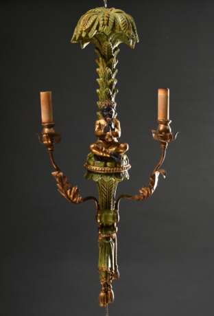 Dekorative Wandapplike "Flötenspieler unter Palme" im Colonial Stil, Holz und Metall farbig gefasst, 2flammig elektrifiziert, Anfang 20.Jh., 82x37,5x16cm - фото 2