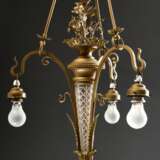 Wilhelminische Deckenlampe mit 3 Glasschirmen, H. 107cm, Ø 58cm, 1 Schirm defekt, 1 Schirm ergänzt - photo 5