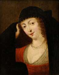 Unbekannter Künstler des 17.Jh. &quot;Dame einen Schleier hebend“, Öl/Holz, verso bez., wohl nach Frans Pourbus II (1569-1622), 32,2x25cm (m.R. 41,2x34,5cm), rest.
